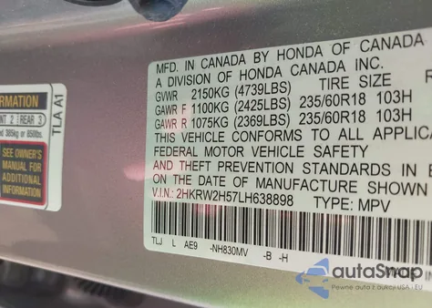 2020 Honda Cr-V Awd Ex из США, поврежденный, VIN 2HKRW2H57LH638898